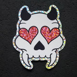 Glitter Heart Eyed Devil Skull Sticker